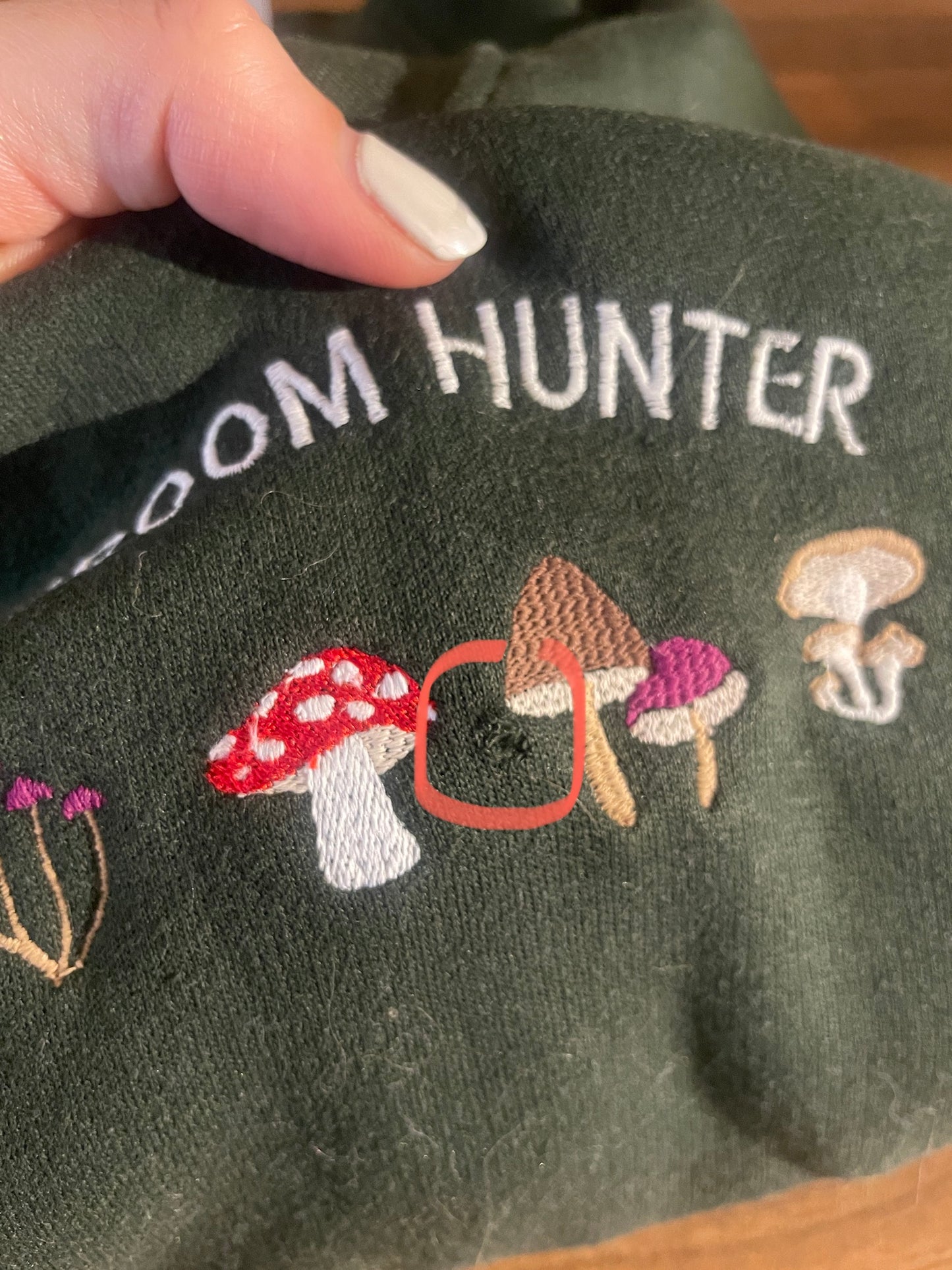15_ Mushroom Hunter Sweatshirt Small - DEFECT - Hole/ e incomplete