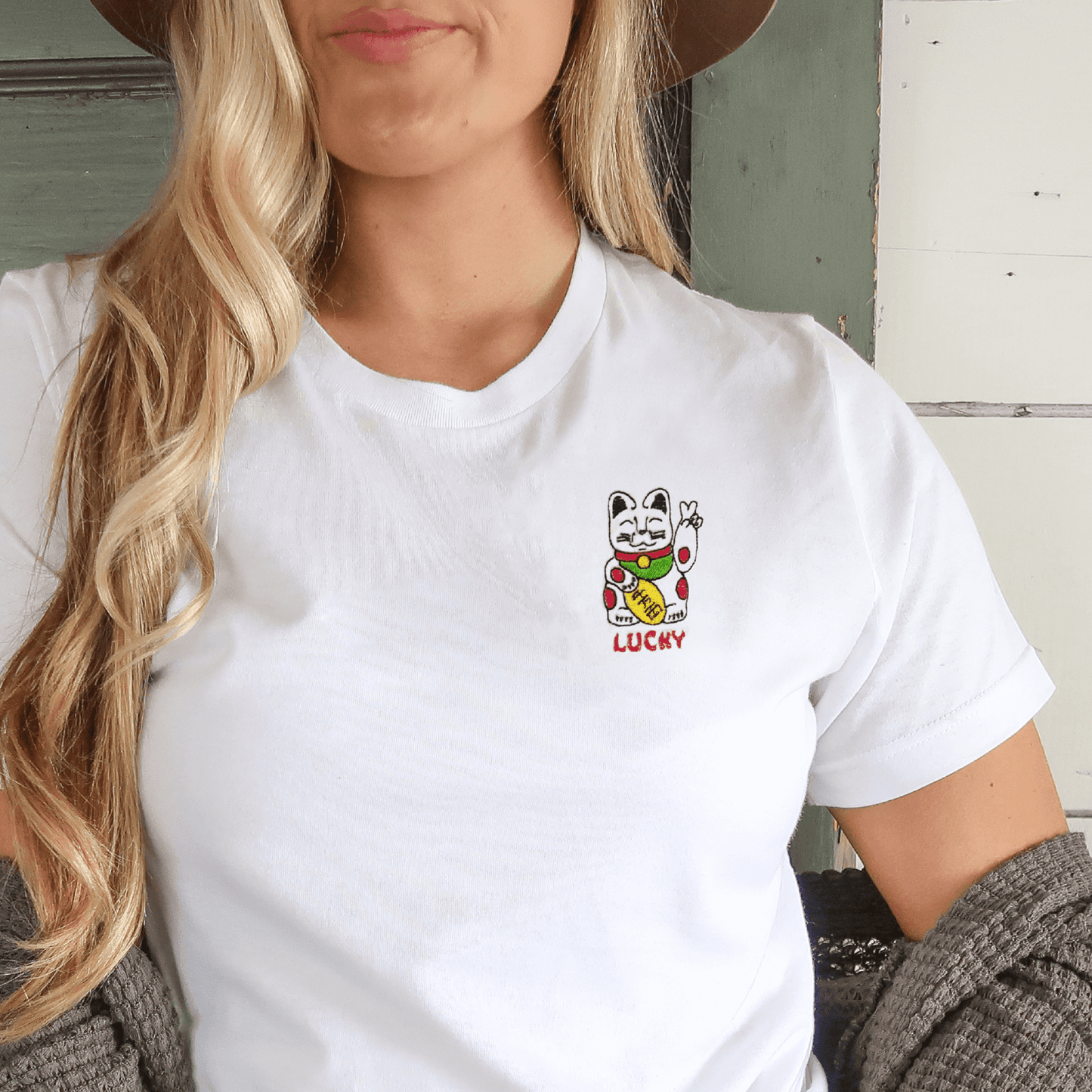 Lucky Cat Embroidered T-shirt